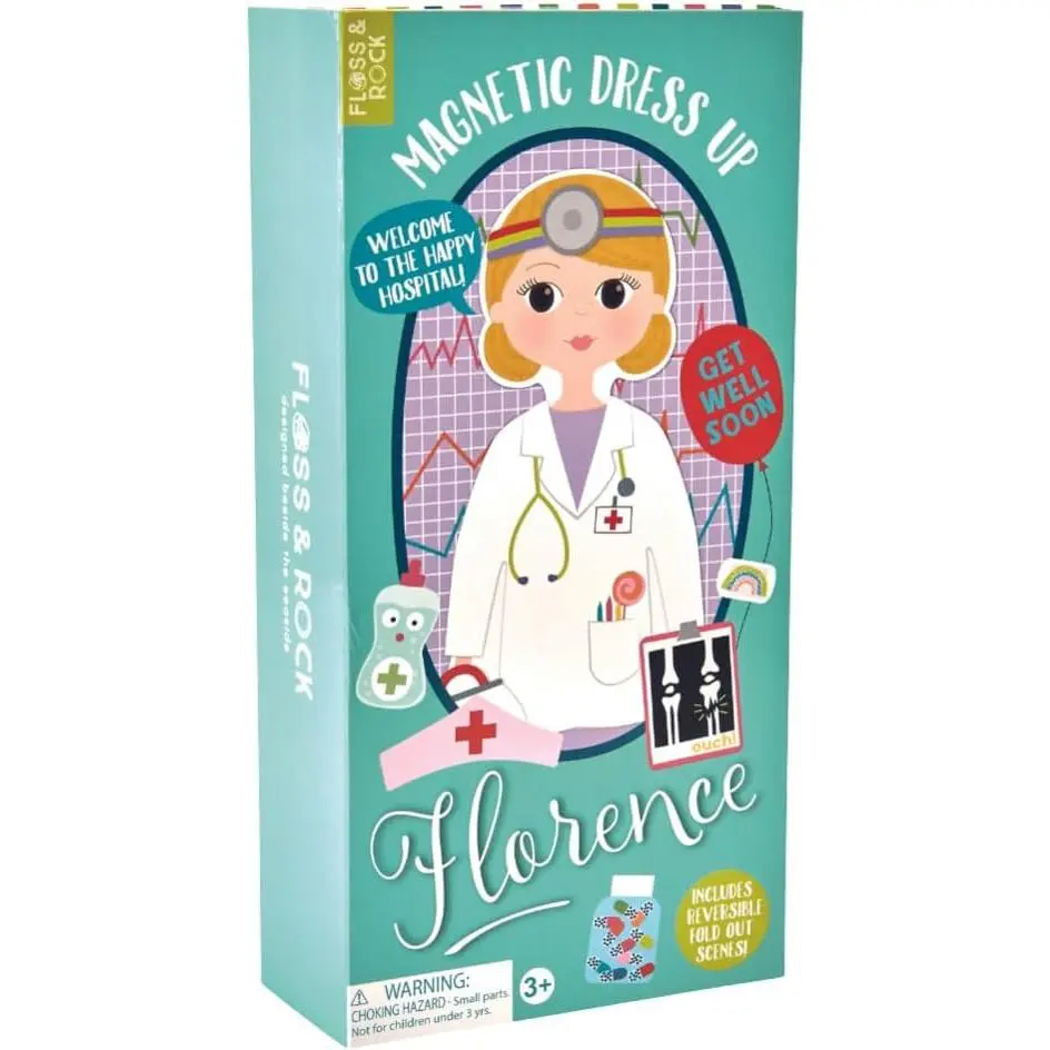Floss & Rock Magnetic Florence Doll - 40-Piece Wooden Educational Dress-Up Set - Doctor, Nurse, and Patient Outfits - Montessori Toy with Reversible Scene & Easy Storage Creative Play for Kids Ages 3+