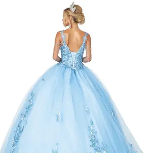 quinceanera ball gown with beaded draped shoulder details and sweetheart neckline color : blush pink , light  blue ,