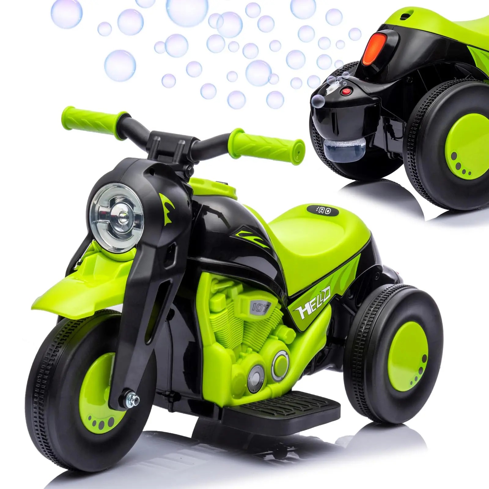 Gaomon 6V Battery-Powered Kids' Electric Trike Ride-On Car, 3-Wheeler Bubble Motorcycle with Bubble Maker, Lights & Music, Green Birthday Gift for Kids