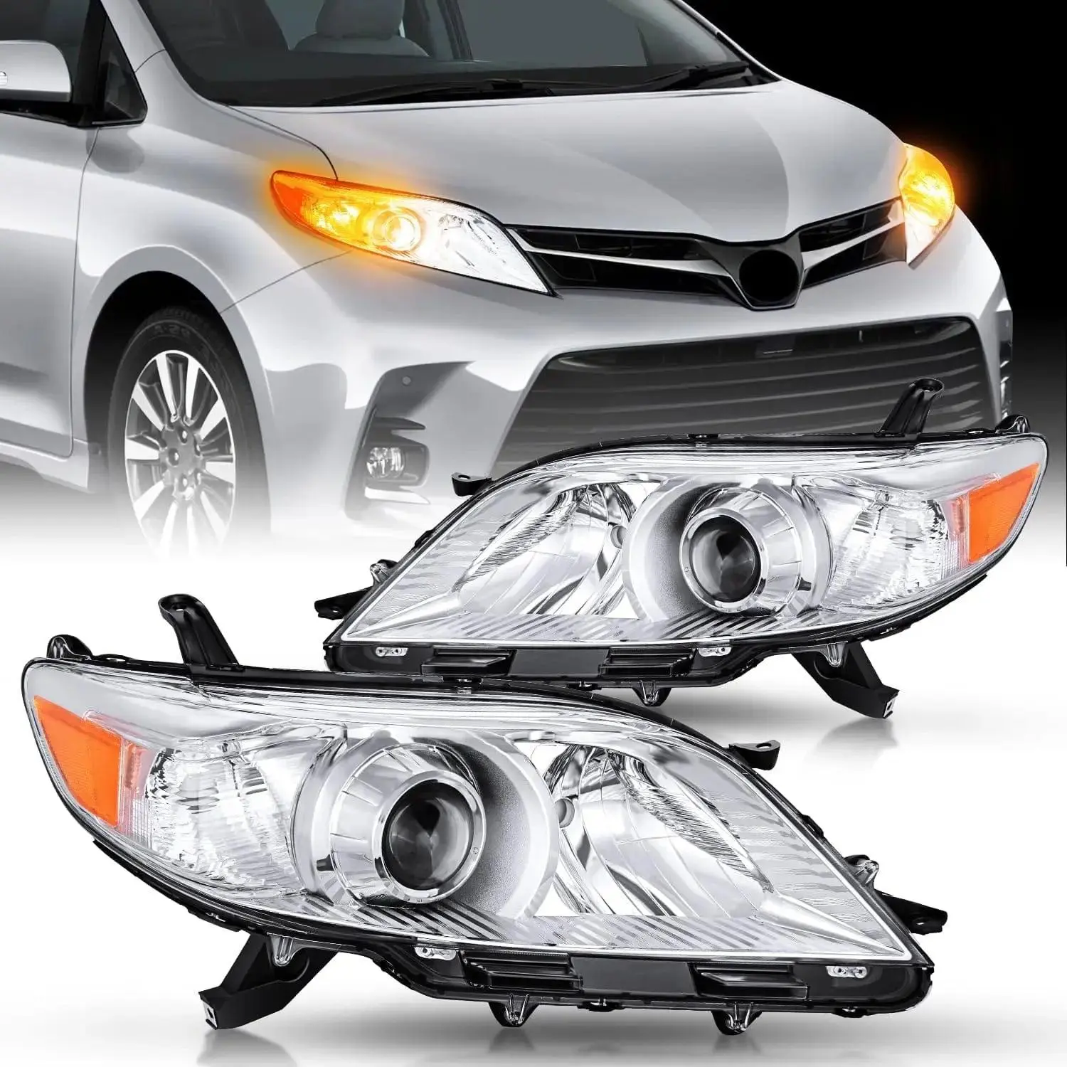 Nilight 2011 2012 2013 2014 2015 2016 2017 2018 2019 2020 Toyota Sienna Headlight Assembly Chrome Housing Amber Reflector Clear Lens