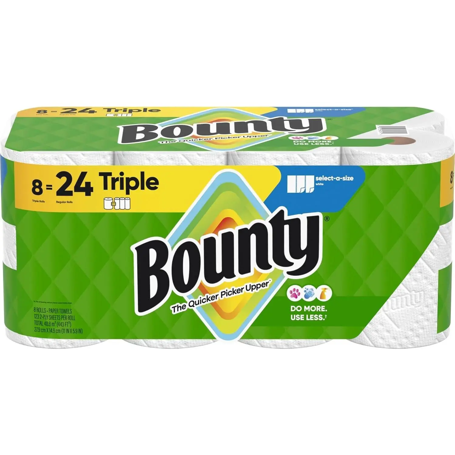 Bounty Select-A-Size Paper Towels 8-24 Triple Roll 2x More Absorbent Durable Diamond Texture for Everyday Spills and Tough Projects