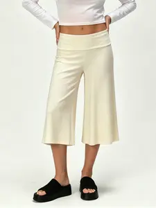 New Plain Color Flowy Wide Leg Capri Pants, Low Waist Casual Seven-Eighths Pants, Loose-Fitting Below the Knee, All Seasons