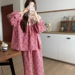 Korean Sleepwear Women Pajamas Spring Long Sleeve Piiama Plaid Night Wears Ruffles Shorts Sets 2 Pieces Lace Home Suit 2026