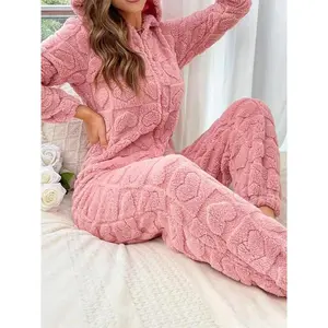 Women's Heart Jacquard Zip Up Hooded Sleep Jumpsuit, Casual Long Sleeve Jumpsuit Fall & Winter, Women's Sleepwear Indoor Wear