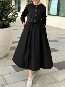 ZANZEA Women's Casual Two-Piece Set, Solid Color Workwear Shirt Top & Wide Skirt Design, Perfect for Daily, Travel, Commuting Womenswear