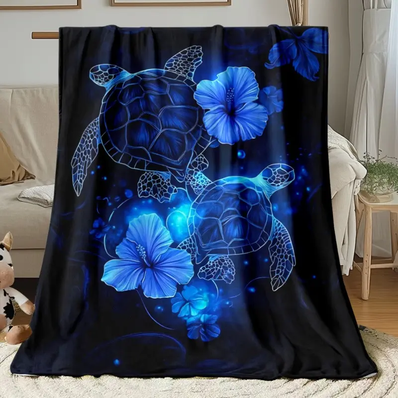 Turtle & Blue Sea Turtle Print Flannel Blanket  Soft Plush Comfort Blanket, Suitable For use on Sofas, Reclining Chairs, and Beds. It is an Ideal Gift for Children, Adults, Wives, or Oneself. Multiple Sizes are Available for Selection.