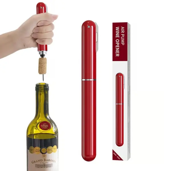 Wine Bottle Opener - Air pressure uncorks wine in seconds — no twisting, no struggle. Smooth, clean cork removal — no crumbles, no mess.