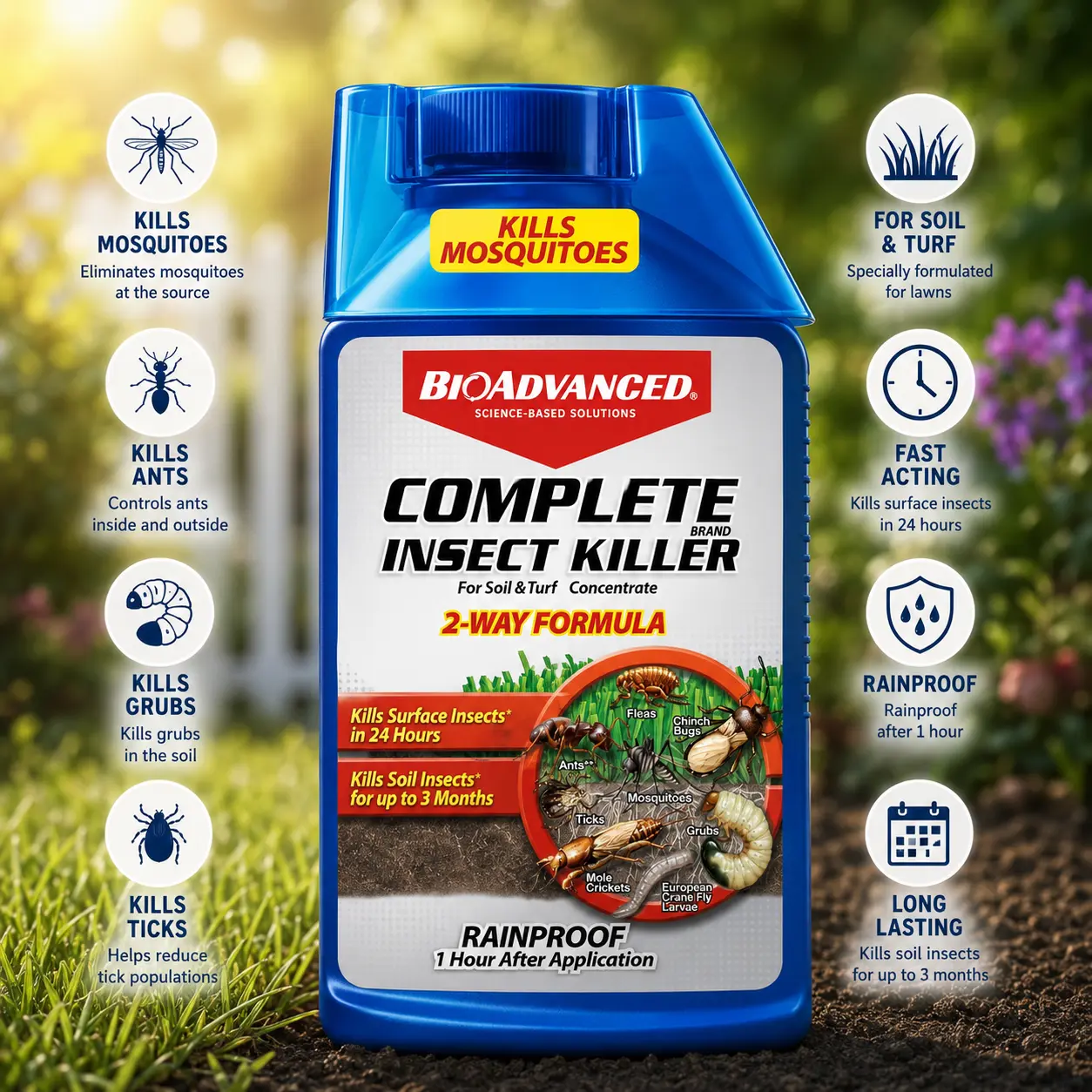 BioAdvanced Complete Brand Insect Killer Concentrate - 40oz Outdoor Pest Control, 2-Way Kill for Ants & Soil/Turf Insects, Above & Below Ground Protection, Up to 3 Months Defense, German Cockroach Gel Bait