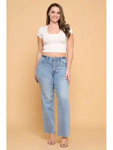 Bianca - Stretchy Cotton Base Straight Denim Jeans  | Tummy Control | Button Comfort cuffed jeans baggy jeans curvy high water jeans boots flood jeans
