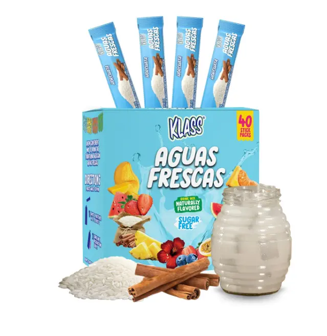 Klass Aguas Frescas, Powdered Drink Mix, 40 Singles Zero Sugar & Caffeine-Free Powder Packets, Water Drink Mix, Flavor: Horchata - 5 Calories Per Packet & Natural Flavors