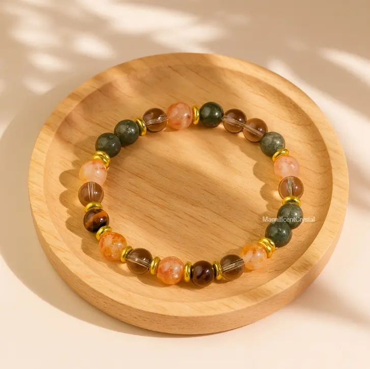 Citrine Smoky Quartz Tiger Eye Pyrite Multi Crystal Bracelet Abundance Jewelry