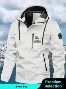 2026 Men's Letter Patched Pocket Zip Up Hooded Winter Jacket, Casual Windproof Waterproof Long Sleeve Jersey Ski Outfits for Fall & Winter, Gym Clothes, Men's Sportswear for Outdoor Activities, Jackets for Men, Winter Coats, Fallfreshness