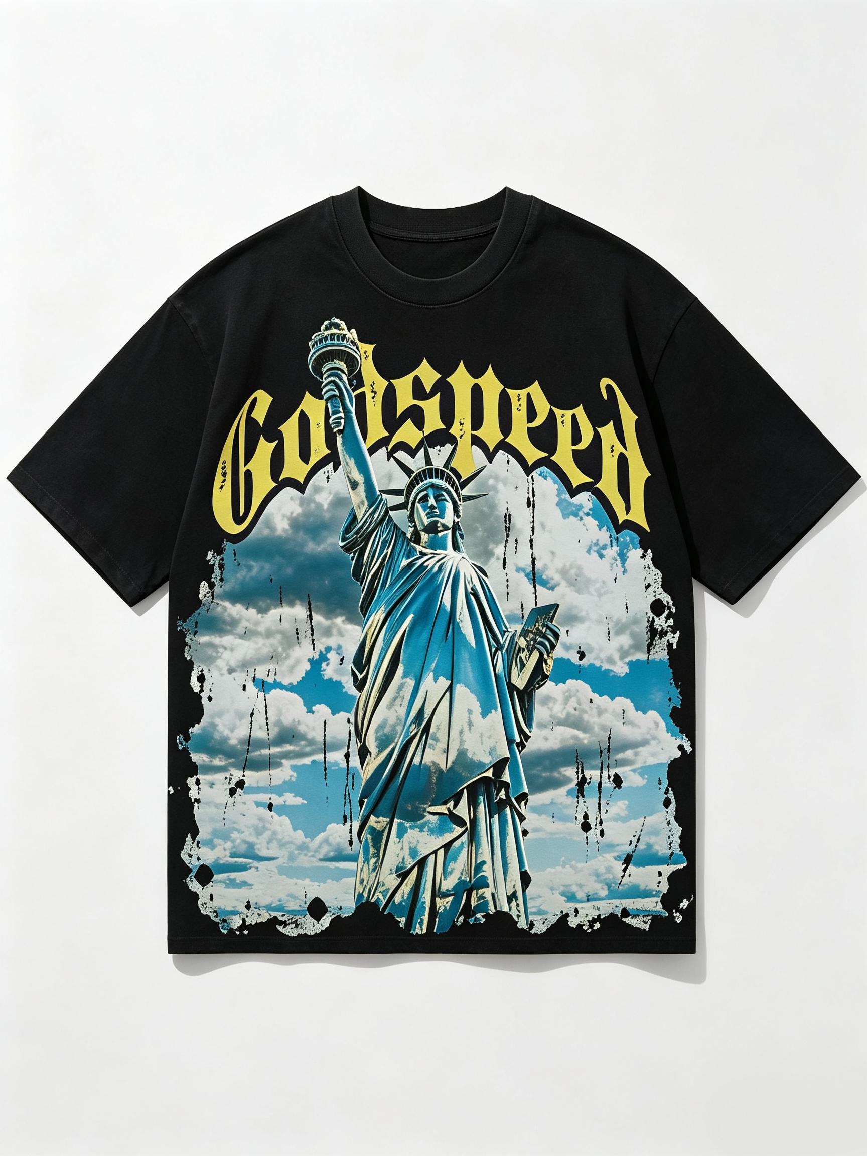 Godspeed Statue of Liberty Graphic Tee Oversized Heavyweight Cotton Streetwear T-Shirt Y2K Grunge Gothic Letter Print Top Casual Drop Shoulder Vintage Black Tee Men Women Unisex Retro Hip Hop Skater Tshirt Aesthetic Summer Outfit Trendy Band Merchandise