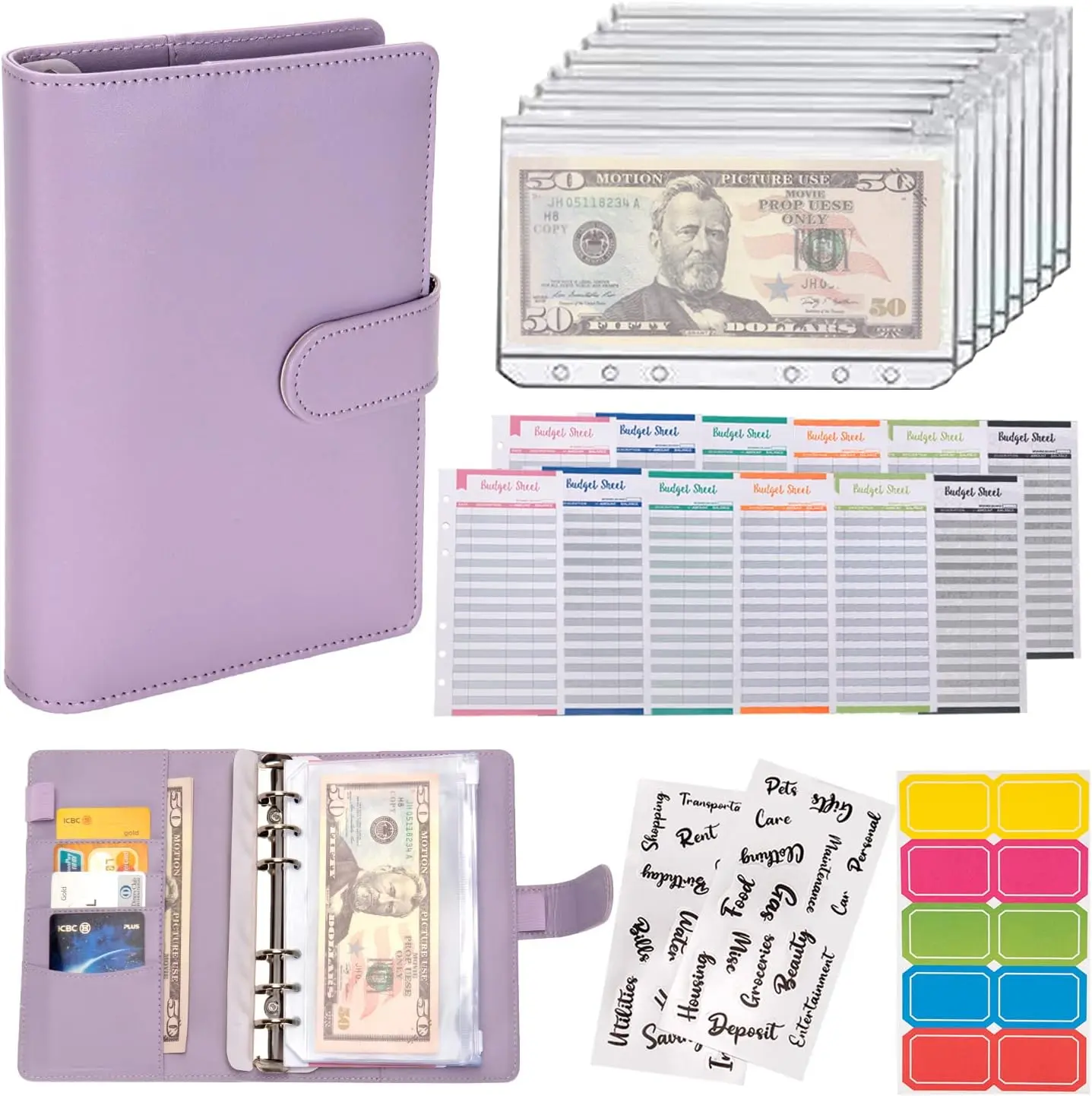 Budget Binder Cash Envelopes for Budgeting Money Organizer for Cash Money Envelopes for Cash Leather A6 Budget Binder with Zipper envelopes (Purple)