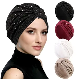 1 Pcs Women's Solid Color Sequin Knotted Turban Hijab Chemo Cap Cancer Hair Loss Headscarf
