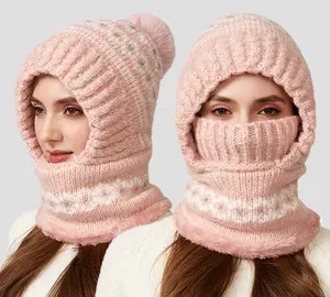 Warm Knitted Wool Hat with Large Head Circumference Pullover Style Combining Face Mask Scarf Hat and Fleece Ear Flaps for Autumn and Winter