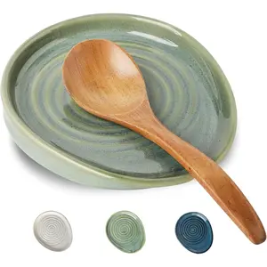Ceramic Spoon Rest for Stove Top, Spoon Holder for Kitchen Counter, Farmhouse Cooking Utensil Holder for Spoons, Ladles, Spatula, Glazed Green