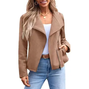 Women'sFauxLeatherSuedeJacketOpenFrontCroppedCoatOutwearBasicBrownFittedMinimalistFallFashion2025Outfits