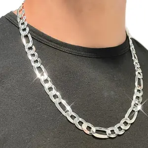 1pc Funky Style 10MM 925 Silvery Plated Figaro Chain Link Necklace, White Copper, No Pendant - Chic Minimalist Jewelry for Men and Women