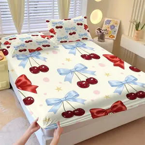 3 Pcs Sweet Bow Cherry Fitted Sheet Set, Skin-Friendly Non-Slip All-Round Wrap Bedding, Great Atmosphere Home Decor Item, Suitable for Girls Kids Room and Teen Bedroom, Ideal Gift for Birthdays and Holidays