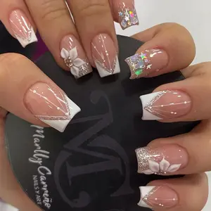 Household daily necessities 24Pcs Flower Press on Nails Short Square Fake Nails with 3D Star Rhinestones Design Silver Glitter Ombre White French Tip False Nails Luxury Nail Charms Crafts Glue on Nails for Women DIY