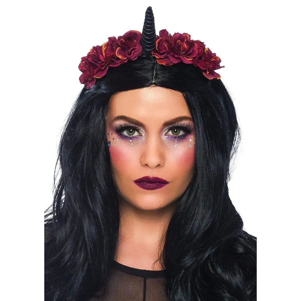 Gothic Unicorn Headband - Black Velvet Spiral Horn, Burgundy Rose Flower Crown for Cosplay, Halloween - Black/Burgundy Hair Accessory, Roses, Fantasy, Unicorn Horn, Faux Horn Headbands