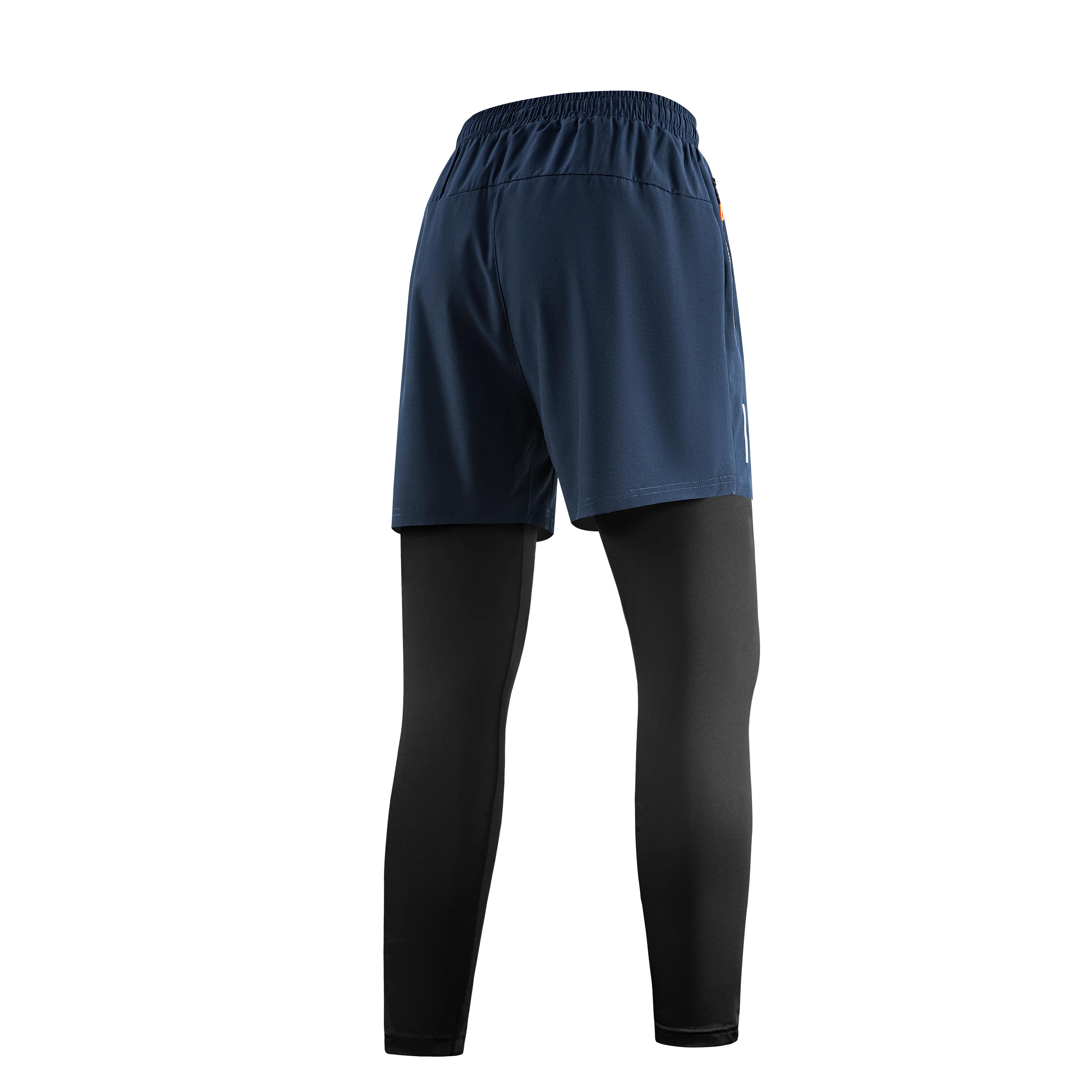Men’s 2-in-1 Slim-Fitting Polyester-Elastane Blend Athletic Leggings - High Stretch, Quick Dry, Anti-Friction, Breathable, Plain, All Seasons, Multi-Functional Pockets (Father’s Day Gift for Active Dads) - Suitable for Gym, Jogging, Polyester Blend