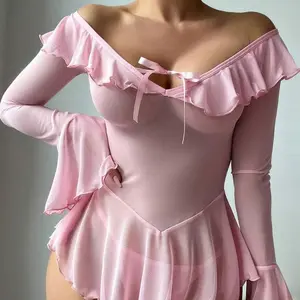 Fast delivery2pcs Romantic OffShoulder Mesh Panel Pleated LongSleeve Nightdress Set, Sexy Loungewear Nightwear