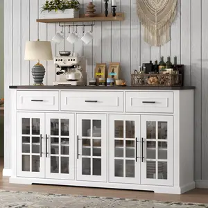 Buffet Cabinet with Storage, 63" Large Sideboard Cabinet with 3 Drawers & 5 Glass Doors, Modern Farmhouse Kitchen Cabinet, Adjustable Shelf Freestanding Cupboard
