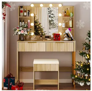Lighted Makeup Vanity, Wood Color Vanity Table Set with 2 Drawer and Charging Station, Femal Gift