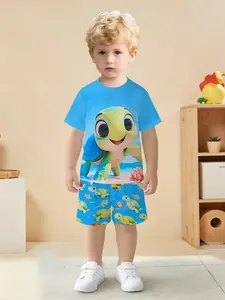 Boys' Cartoon Sea Turtle Short Sleeve Set, Ocean Life Casual Two-Piece, Fitted Shorts with All-Over Print Design