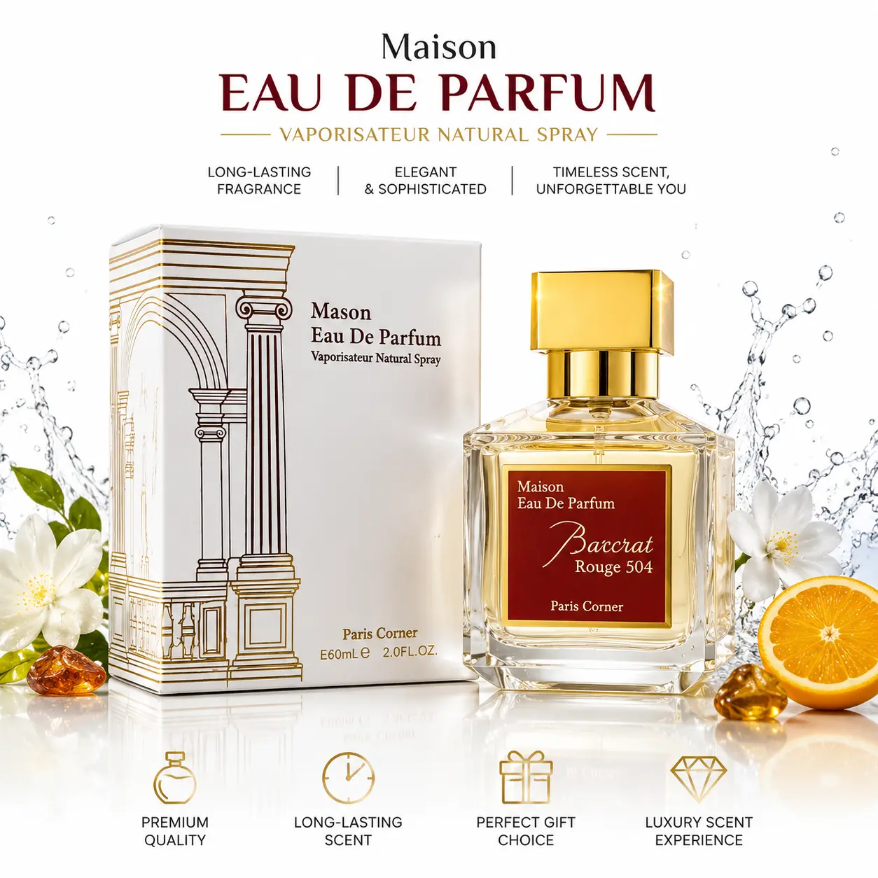 Mason Barclat Rouge 504 EDP 60ml - Long Lasting Luxury Perfume for Women, Elegant Floral Fragrance, Perfect Gift for Her 2.0oz