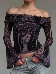 Vintage Boho Chic Floral Bohemian Print Ruched Mesh One Shoulder Top, Women's Semi-Transparent Lace Flounce Long Sleeve Fashion Tee