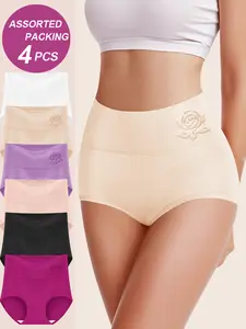 4pcs Random Combination Floral Pattern Briefs, Comfy & Breathable Stretchy Intimates Panties, Women's Lingerie & Underwear