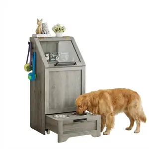 Multi-Function Elevated Dog Feeding Station with Storage Cabinet – Convertible Top Food Bin, 2 Stainless Steel Bowls, Toy Organizer – Modern Dining Table Pet Furniture for Kitchen or Dining Room