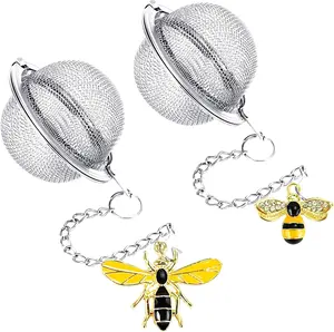 Stainless Steel Mesh Tea Infuser, 2.1 inch Tea Ball with Honey Bee Pendant Tea Strainer Tea Diffuser Tea Steeper for Filtering Tea, Tea Infusers for Loose Tea (Bee, 2PC)