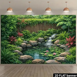 2D Flat Courtyard for Lotus Pond Backdrop with Wooden Fence and Water Lily Pond Design, High-Definition Durable, No Installation Required, Ready to Hang. Suitable for Natural-style Photography, Home Decor, Zen Spaces, Party Backdrops, and More.