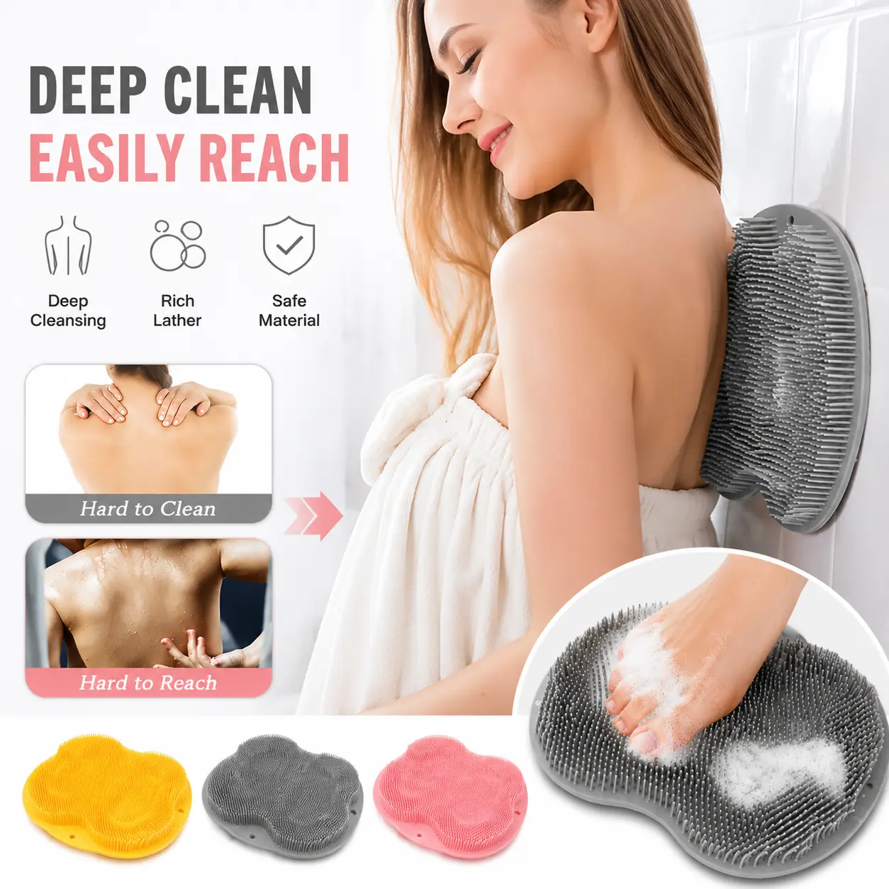 Silicone Shower Foot Scrubber Mat,Back & Feet Cleaning Pad,Shower Massage Soft Bristles Exfoliating Scrubber,Wall Mounted Slip Suction Cups for Use,Bathroom Bathing Accessories-MM2