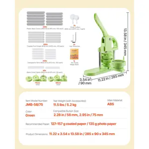 VEVOR Button Maker Machine, 2.28/2.95 inch 2-in-1, Plastic Pin Maker with 200 pcs Button Parts, Circle Cutter and Magic Book, Reinforced Ergonomic Handle, for DIY Badges, Personalized Pins, Green