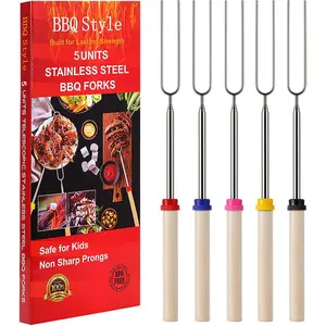 Marshmallow Roasting Sticks, Telescoping Smores Sticks for Open Fire Pit, 32 Inch Long Marshmallow Toasting Barbecue Forks BBQ S’mores Skewers for Campfire Camping Hotdog Hot Dog Bonfire Grill, 5 Pack