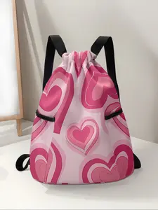 Heart Pattern Drawstring Backpack, Large Capacity Durable Weekender Gym Bag, Adjustable Shoulder Straps, Casual Travel Hiking Camping Bag