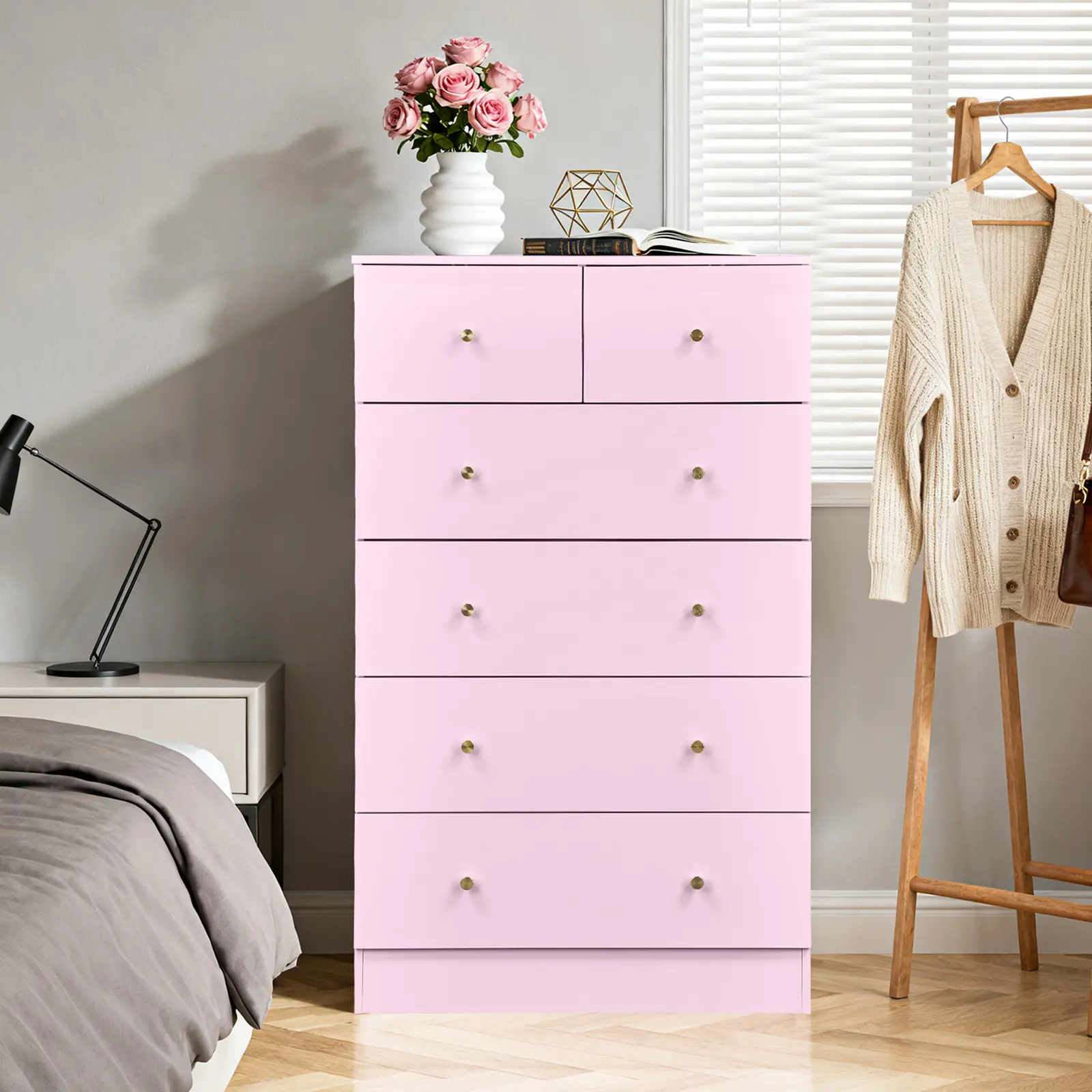 Macaron Pink 6-Drawer Chest Of Drawers, Tall 5-Tier Bedroom Dresser Storage Cabinet With Gold Round Handles, Sturdy Metal Slide Drawers, Modern Vertical Clothes Organizer For Bedroom Closet