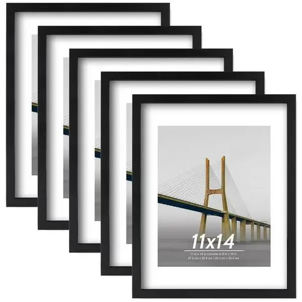 Contemporary Rectangular Engineered Wood Photo Frames Set - 5 Frames, 11x14 with Plexi Glass, Matted to 8x10 Wall-Mounted Home Decor
