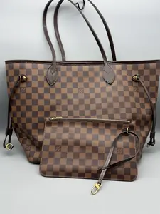 Pre-owned Louis Vuitton Coated Canvas Tote Bags Neverfull MM Tote Bag with Pouch Damier Ebene Brown Cerise 12.5x11.25x6.25in
