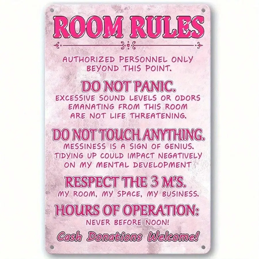 Pink "Room Rules" Metal Sign – Cute & Funny Aesthetic Preppy Bedroom Wall Décor for Girls – 20* 30cm Lightweight Metal Wall Art for Teen Rooms, Dorms & Home Décor