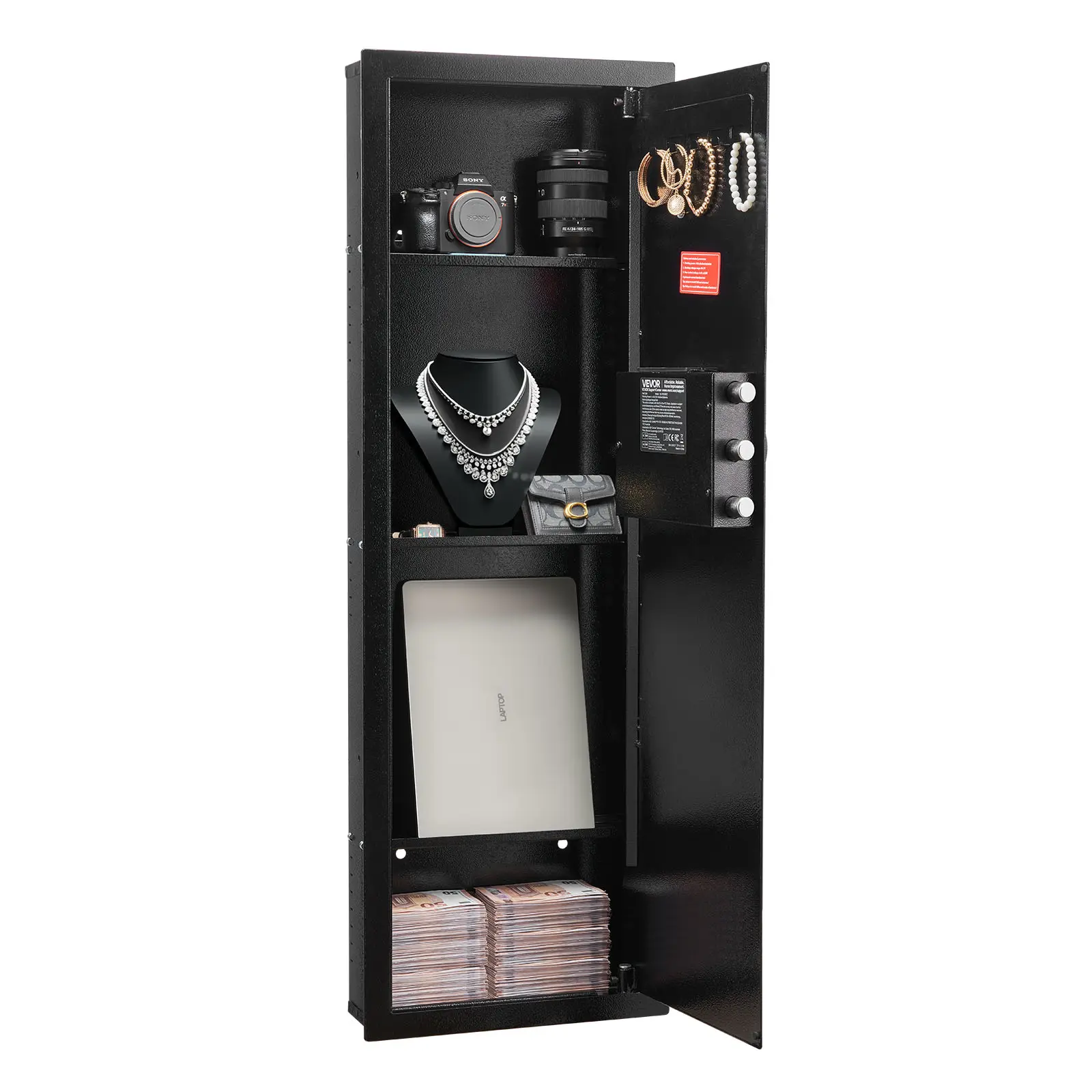 【summerfinds】VEVOR Wall Safe, 4-Tier Hidden Wall Mounted Gun Safe with Password & Key, Q235 Cold-Rolled Steel In-Wall Box with LED Lighting, 3 Adjustable Shelves & Key Holders for Money, Jewelry, Passport, Black