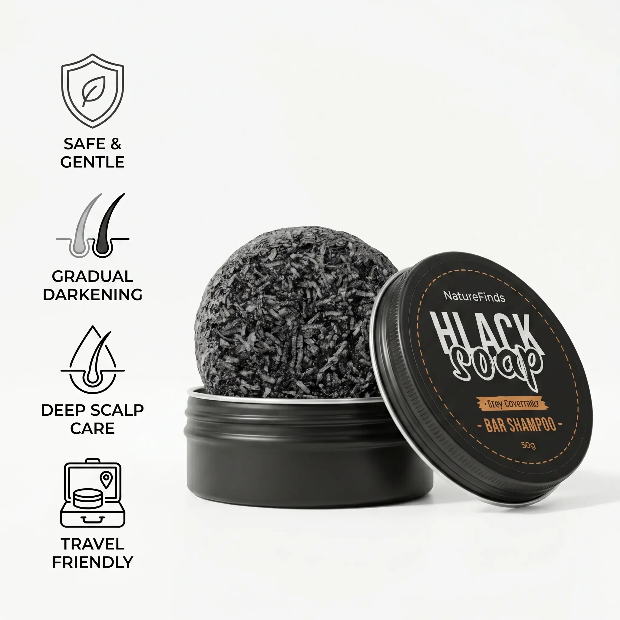 Natural Shampoo Bar Cleanser - Plant-Based Haircare Cosmetic for Gradual Gray Coverage, Deep Scalp Care - Safe, Gentle Solid Hair Darkening Soap for Men & Women - Travel-Friendly (50g/1.76 oz)