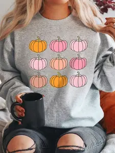 Women's Pumpkin Patchwork Geometric Print Fleece Pullover Sweatshirt, Fall Winter Loose Fit Retro Style Casual Holiday Wear