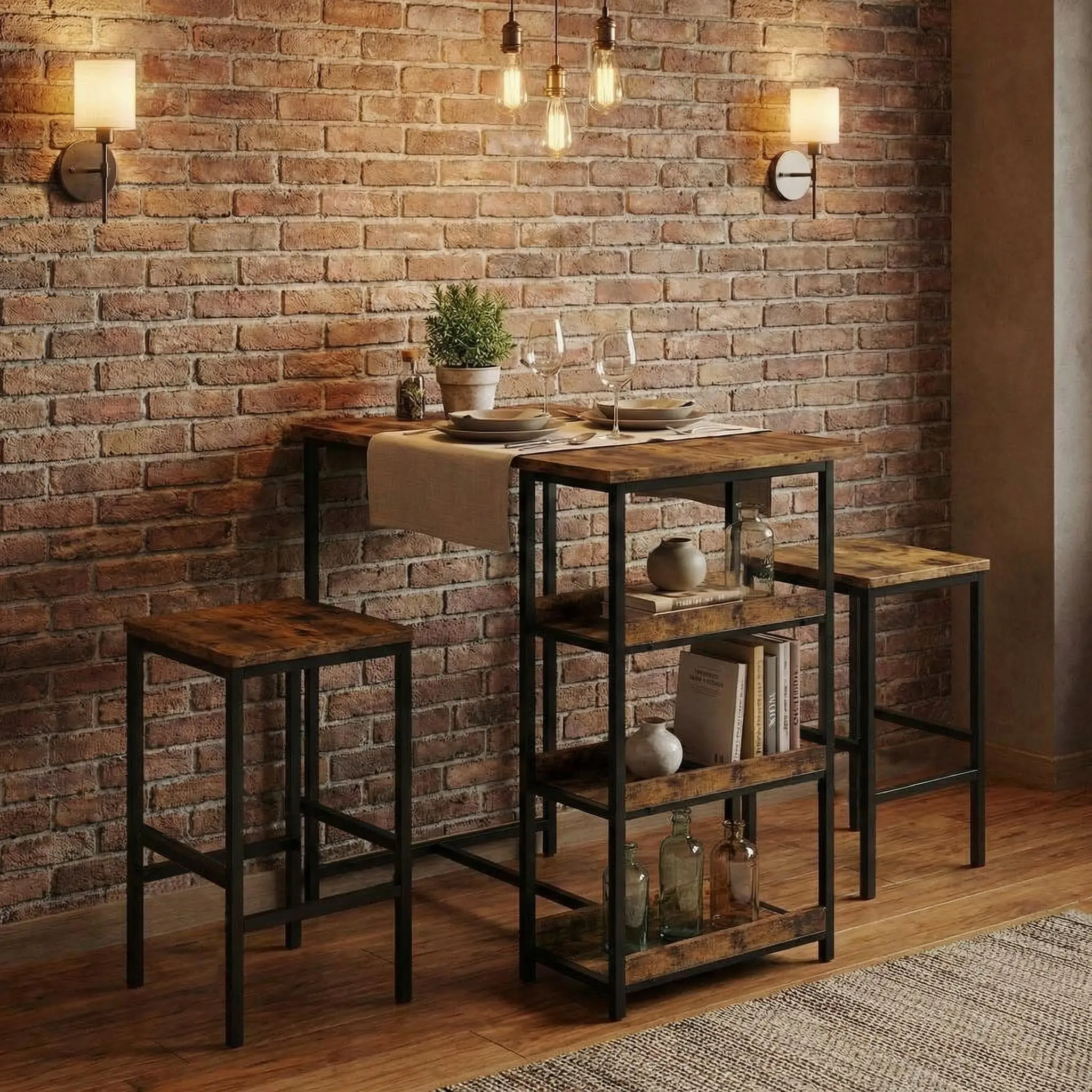 3 Piece Kitchen Table Set with Storage Shelves, Space Saving Dining Table and 2 Bar Stools, Compact Table Set for Small Spaces, Apartments, Breakfast Nook, Black Iron and Wood