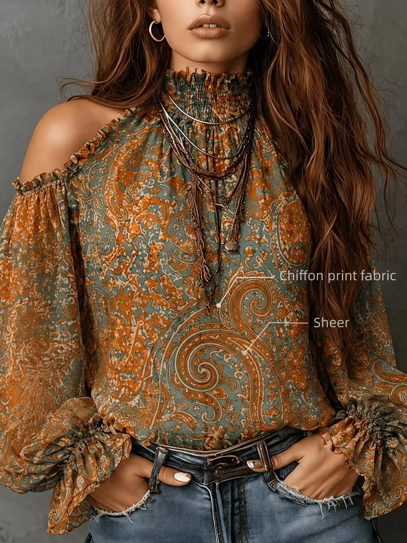 Women's Vintage Off-Shoulder Printed Paisley Blouse Shirt Top, Elegant Retro Design for Casual or Formal Wear, Unique Fashion Piece